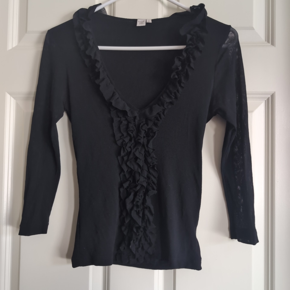 Vintage 90s or Y2K black ruffle neck semi sheer mesh 3/4 sleeve top